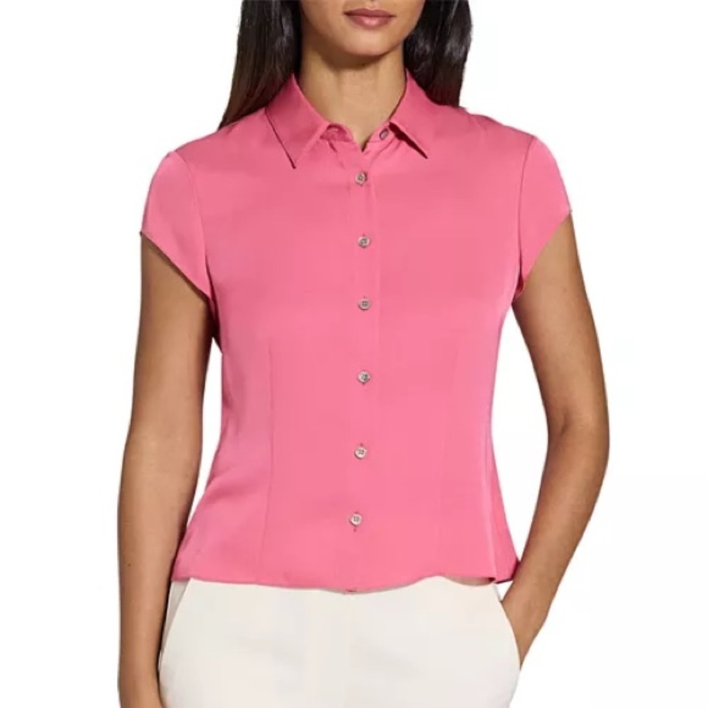 Theory Pink Cap-Sleeve Button-Front Blouse